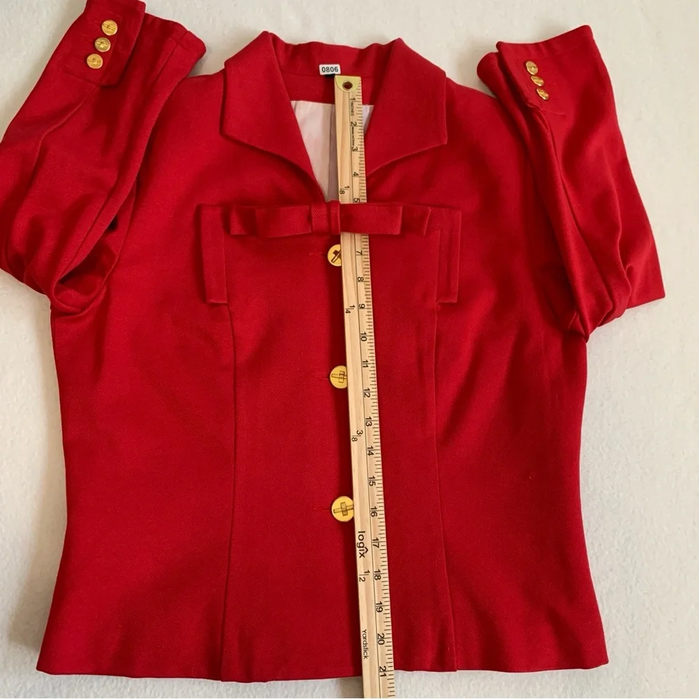 Cabi Love Carol Collection Blazer Jacket Women's Bow Beau Gold Button Red Size 6